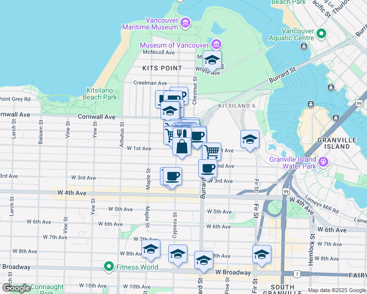 map of restaurants, bars, coffee shops, grocery stores, and more near 1835 West 1st Avenue in Vancouver