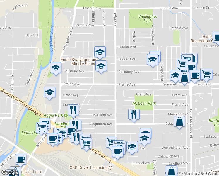 map of restaurants, bars, coffee shops, grocery stores, and more near 1936 Prairie Avenue in Port Coquitlam