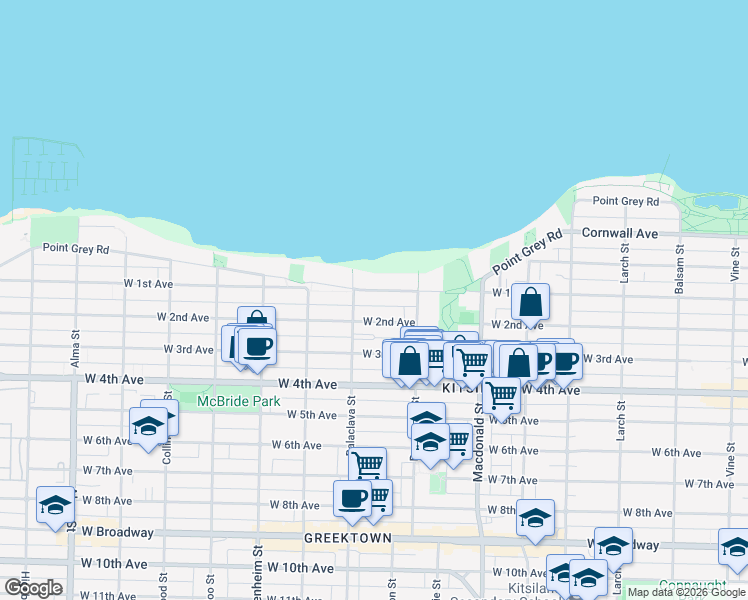 map of restaurants, bars, coffee shops, grocery stores, and more near in Vancouver