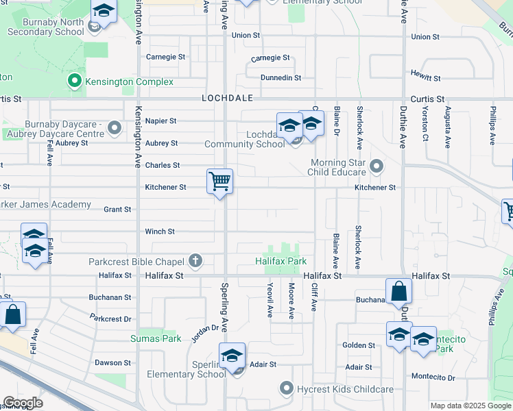 map of restaurants, bars, coffee shops, grocery stores, and more near 6823 Grant Place in Burnaby