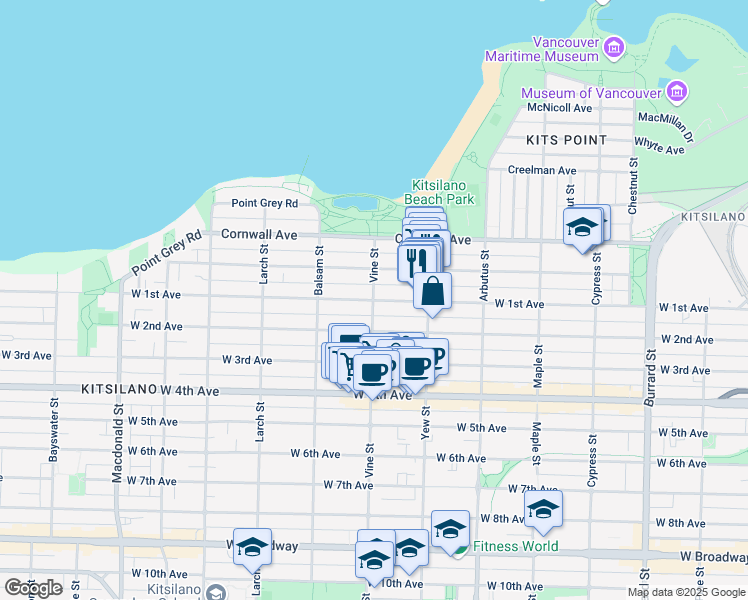 map of restaurants, bars, coffee shops, grocery stores, and more near Vine Street & West 1st Avenue in Vancouver