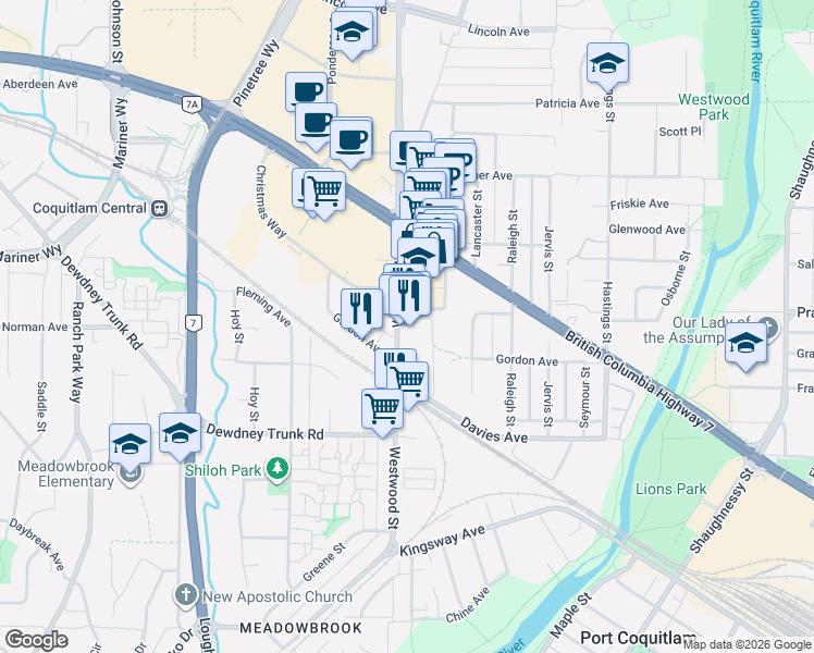 map of restaurants, bars, coffee shops, grocery stores, and more near 3242 Westwood Street in Port Coquitlam