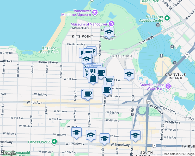 map of restaurants, bars, coffee shops, grocery stores, and more near 1807 West 1st Avenue in Vancouver