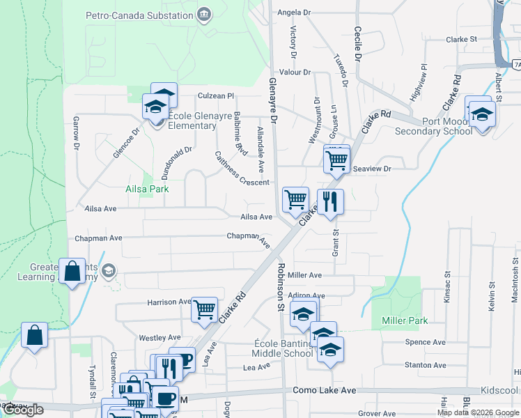map of restaurants, bars, coffee shops, grocery stores, and more near 820 Ballantrae Court in Port Moody