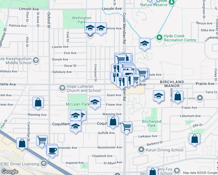 map of restaurants, bars, coffee shops, grocery stores, and more near 1570 Prairie Avenue in Port Coquitlam