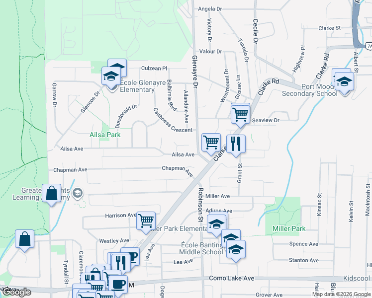 map of restaurants, bars, coffee shops, grocery stores, and more near 820 Ballantrae Court in Port Moody