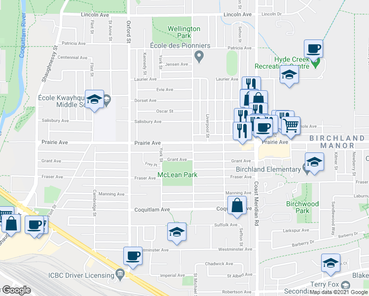 map of restaurants, bars, coffee shops, grocery stores, and more near 1732 Prairie Avenue in Port Coquitlam