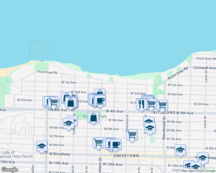 map of restaurants, bars, coffee shops, grocery stores, and more near 3240 West 1st Avenue in Vancouver