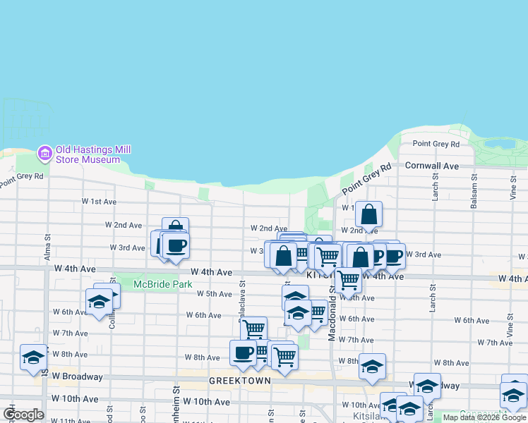 map of restaurants, bars, coffee shops, grocery stores, and more near 3026 Point Grey Road in Vancouver