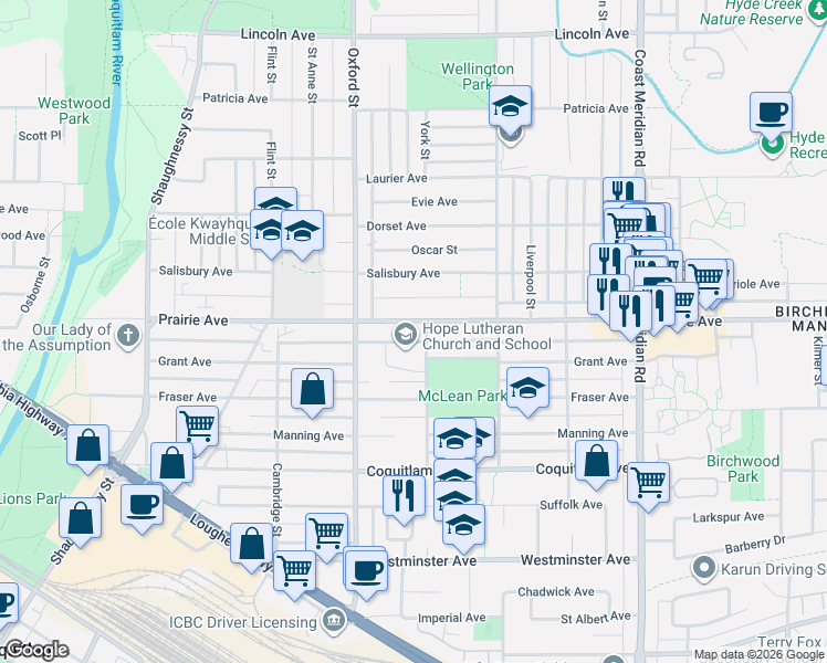 map of restaurants, bars, coffee shops, grocery stores, and more near 1828 Prairie Avenue in Port Coquitlam