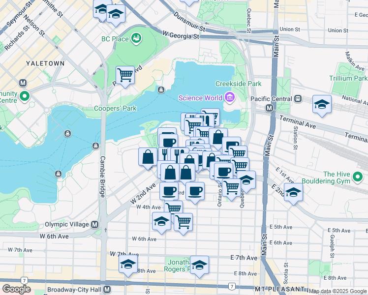 map of restaurants, bars, coffee shops, grocery stores, and more near in Vancouver