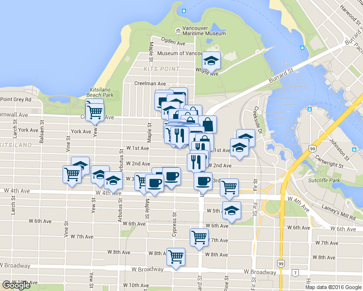 map of restaurants, bars, coffee shops, grocery stores, and more near 1807 West 1st Avenue in Vancouver