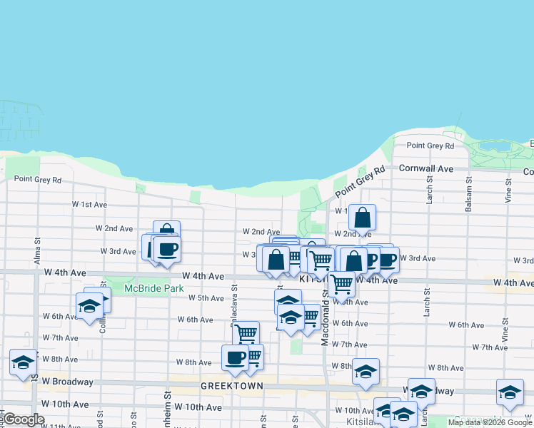 map of restaurants, bars, coffee shops, grocery stores, and more near in Vancouver