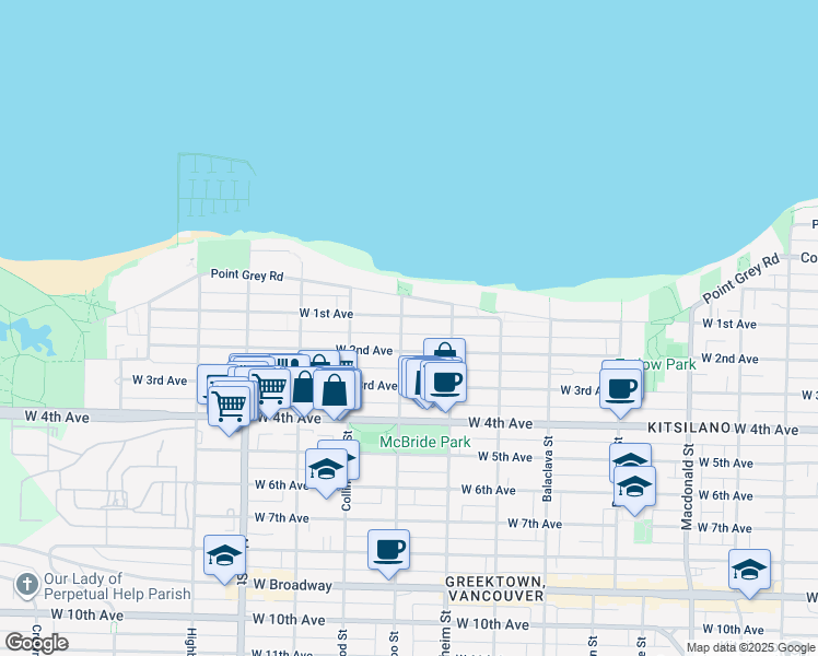 map of restaurants, bars, coffee shops, grocery stores, and more near in Vancouver
