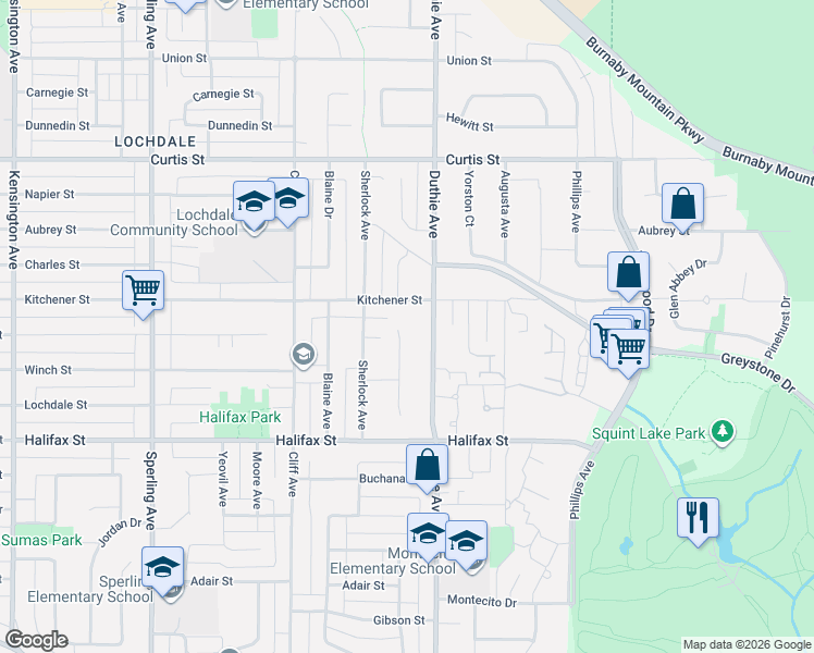 map of restaurants, bars, coffee shops, grocery stores, and more near 1541 Giles Place in Burnaby