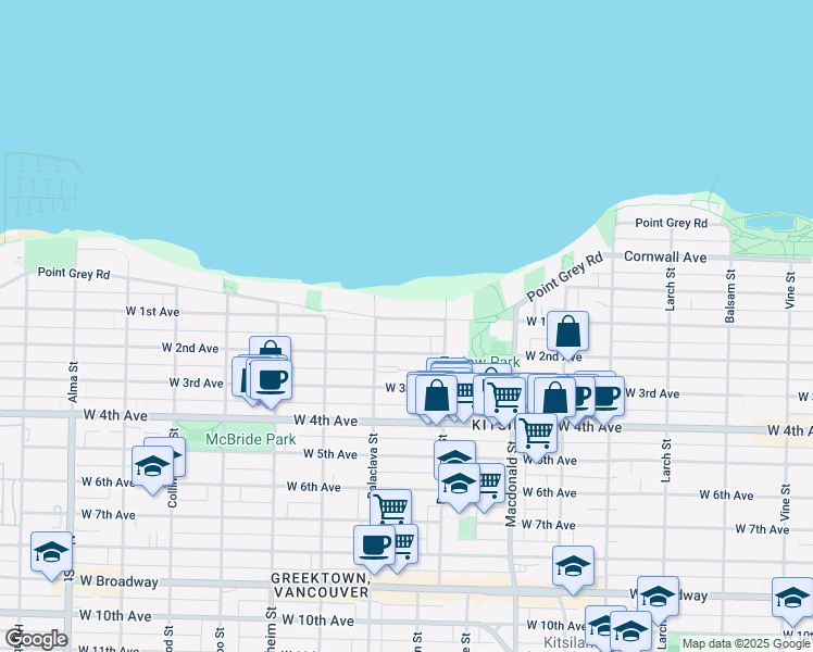 map of restaurants, bars, coffee shops, grocery stores, and more near 3026 Point Grey Road in Vancouver