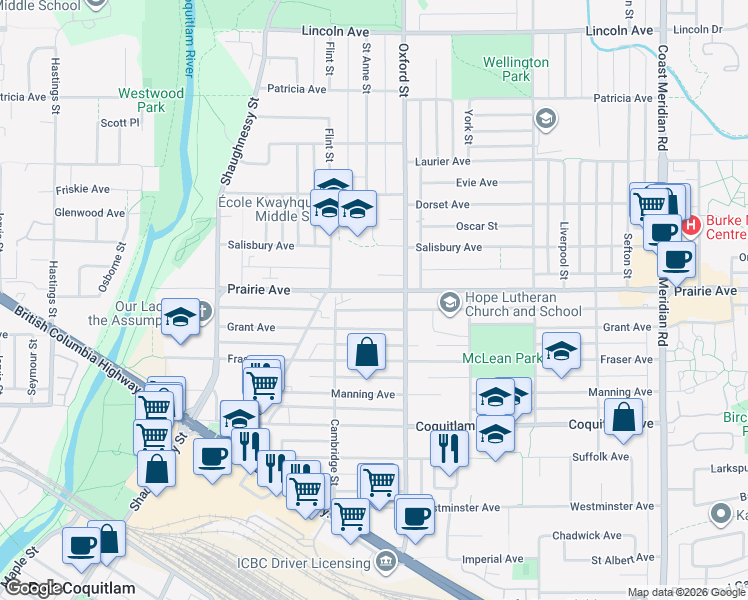 map of restaurants, bars, coffee shops, grocery stores, and more near 1952 Prairie Avenue in Port Coquitlam