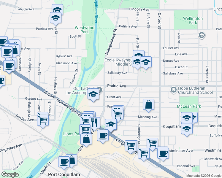 map of restaurants, bars, coffee shops, grocery stores, and more near 2178 Prairie Avenue in Port Coquitlam