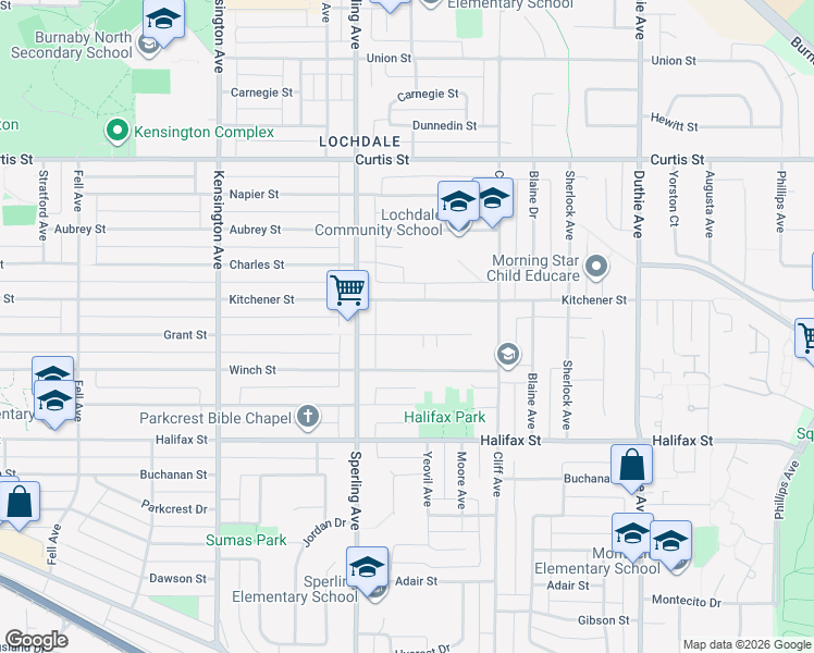 map of restaurants, bars, coffee shops, grocery stores, and more near 6823 Grant Place in Burnaby