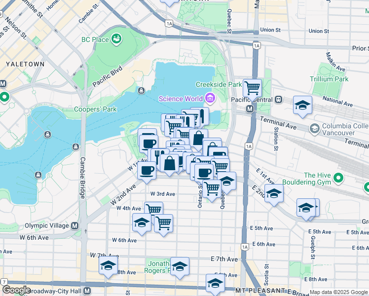map of restaurants, bars, coffee shops, grocery stores, and more near 77 Walter Hardwick Avenue in Vancouver