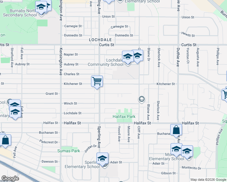 map of restaurants, bars, coffee shops, grocery stores, and more near 6823 Grant Place in Burnaby