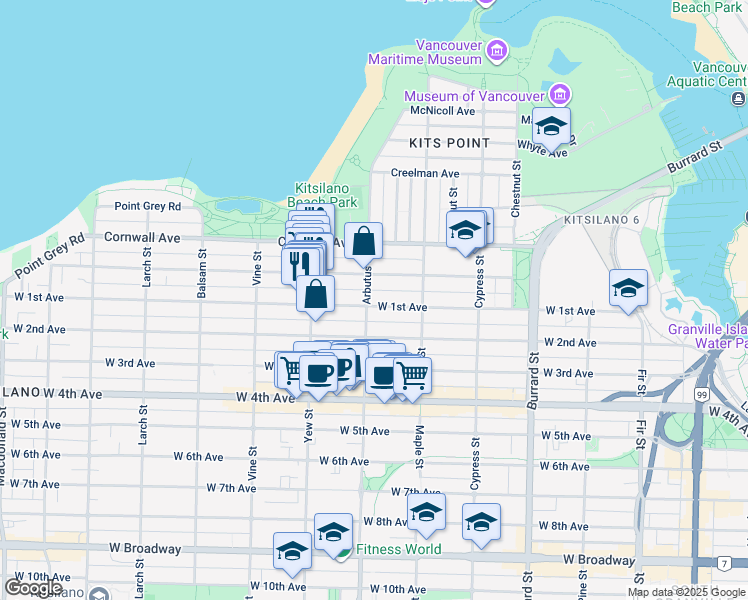 map of restaurants, bars, coffee shops, grocery stores, and more near 1670 Arbutus Street in Vancouver
