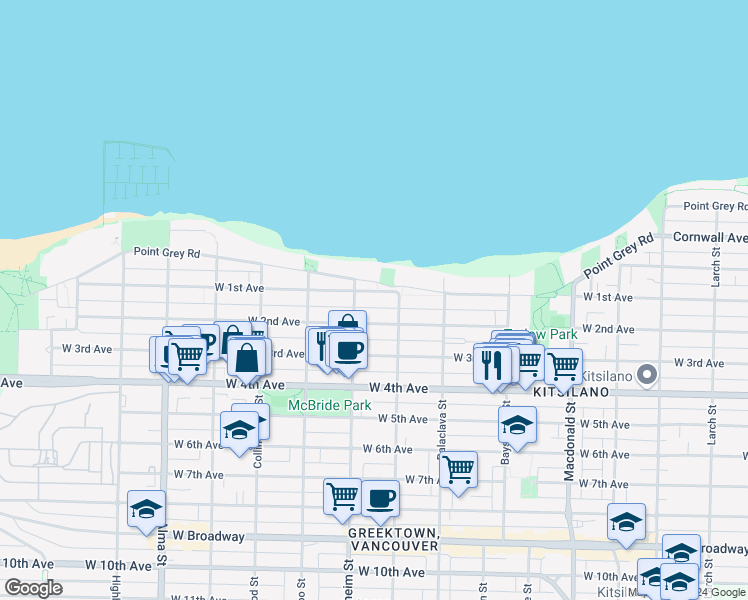 map of restaurants, bars, coffee shops, grocery stores, and more near 3244 West 1st Avenue in Vancouver