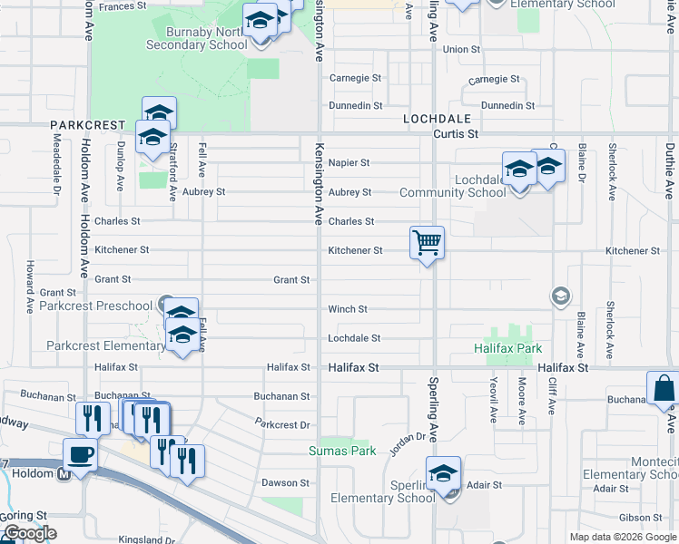 map of restaurants, bars, coffee shops, grocery stores, and more near 6541 Grant Street in Burnaby