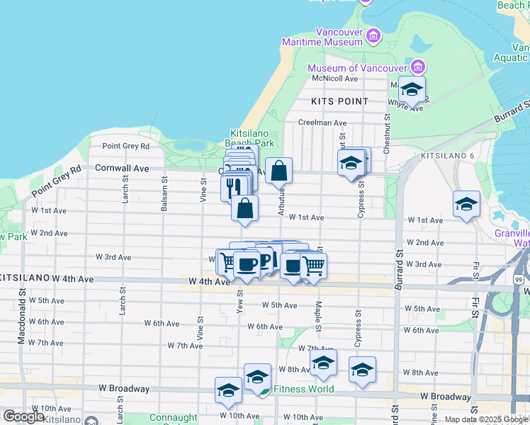 map of restaurants, bars, coffee shops, grocery stores, and more near 2137 West 1st Avenue in Vancouver