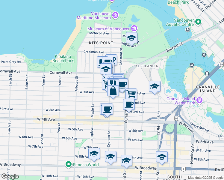 map of restaurants, bars, coffee shops, grocery stores, and more near 1807 West 1st Avenue in Vancouver