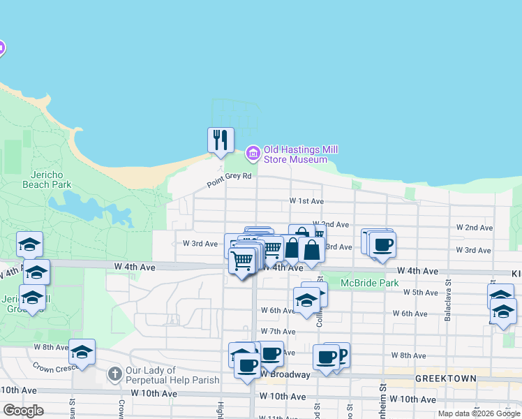 map of restaurants, bars, coffee shops, grocery stores, and more near 1714 Alma Street in Vancouver