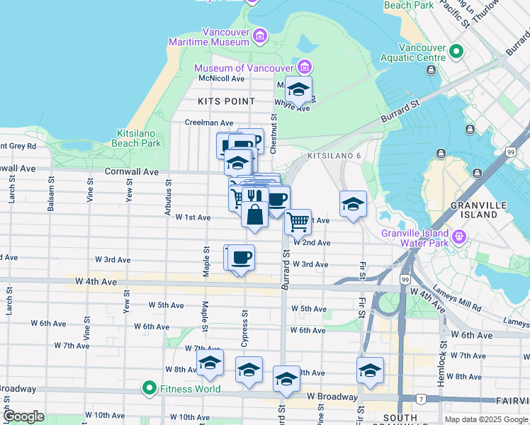 map of restaurants, bars, coffee shops, grocery stores, and more near 1807 West 1st Avenue in Vancouver
