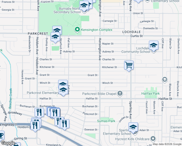 map of restaurants, bars, coffee shops, grocery stores, and more near 6393 Grant Street in Burnaby