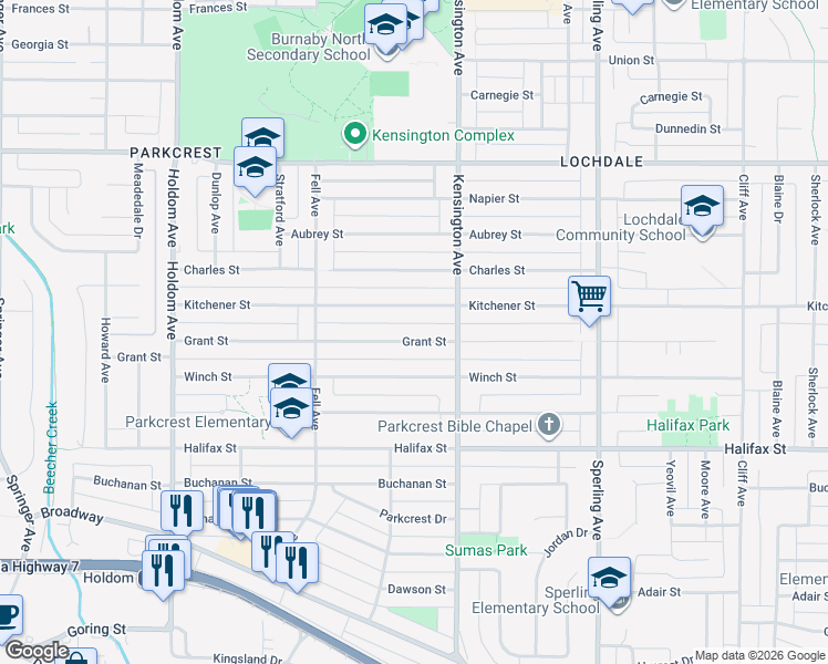 map of restaurants, bars, coffee shops, grocery stores, and more near 6383 Grant Street in Burnaby
