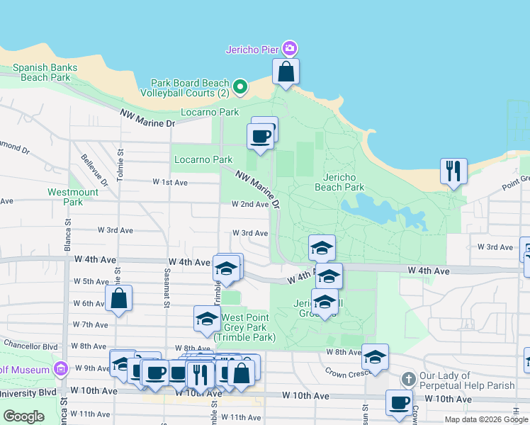 map of restaurants, bars, coffee shops, grocery stores, and more near 1825 Discovery Street in Vancouver