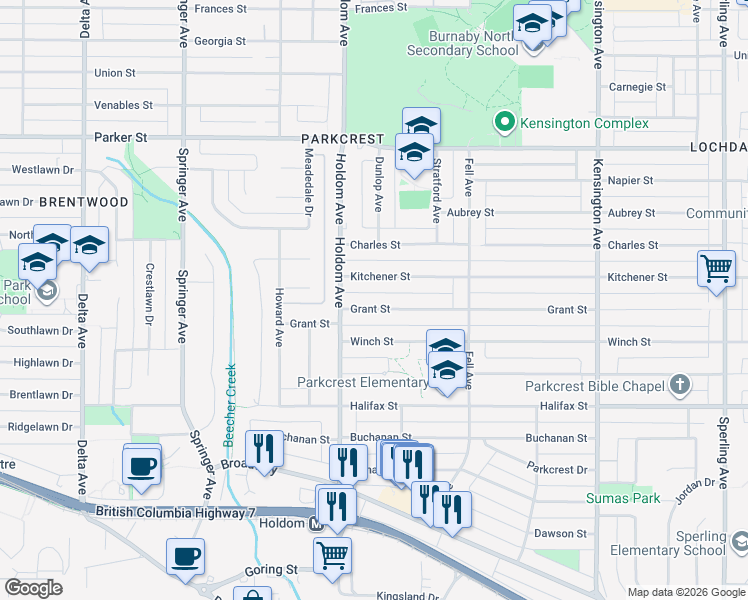 map of restaurants, bars, coffee shops, grocery stores, and more near 5791 Grant Street in Burnaby