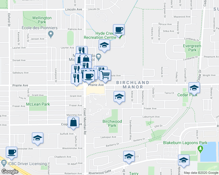 map of restaurants, bars, coffee shops, grocery stores, and more near 1376 Prairie Avenue in Port Coquitlam
