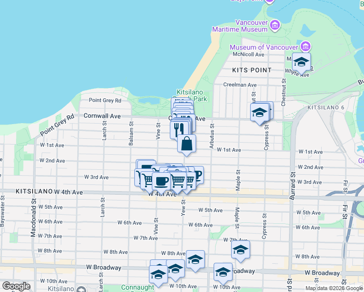 map of restaurants, bars, coffee shops, grocery stores, and more near 2201 West 1st Avenue in Vancouver