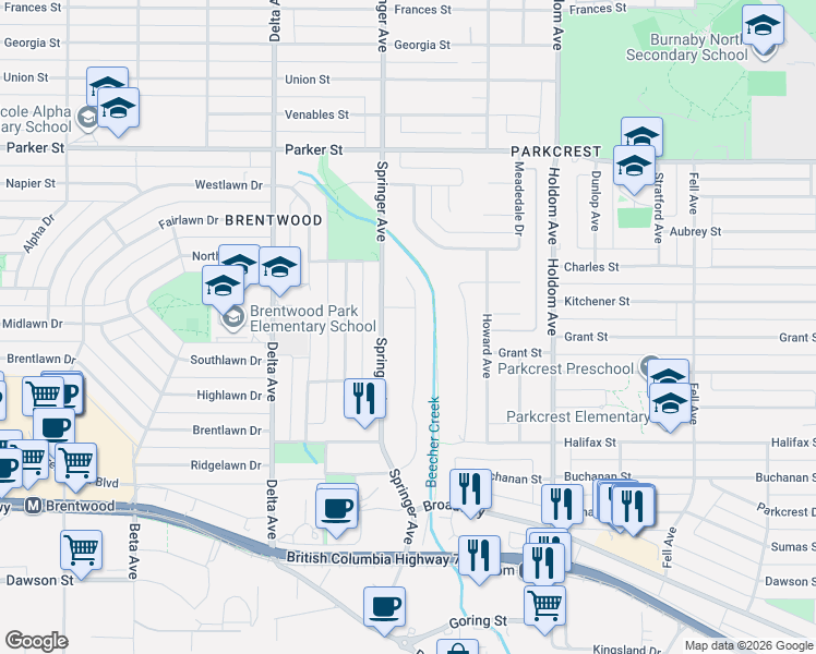 map of restaurants, bars, coffee shops, grocery stores, and more near 5350 Braelawn Drive in Burnaby