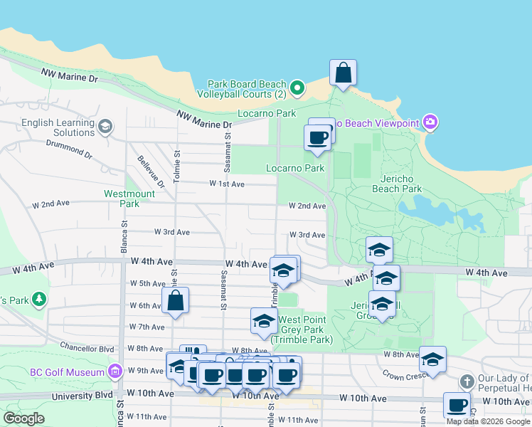 map of restaurants, bars, coffee shops, grocery stores, and more near 4418 West 2nd Avenue in Vancouver