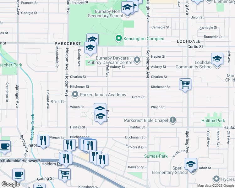 map of restaurants, bars, coffee shops, grocery stores, and more near 6185 Grant Street in Burnaby