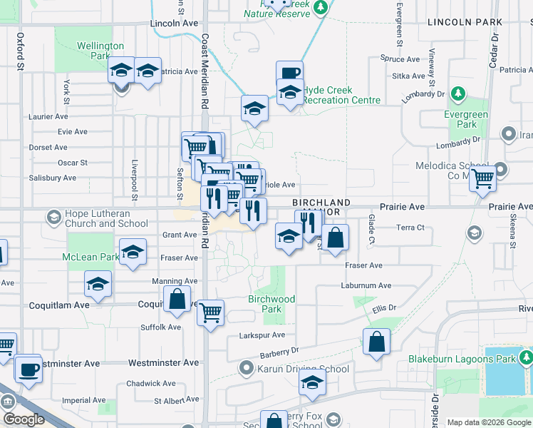 map of restaurants, bars, coffee shops, grocery stores, and more near 1370 Prairie Avenue in Port Coquitlam