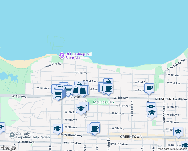 map of restaurants, bars, coffee shops, grocery stores, and more near 3420 West 1st Avenue in Vancouver