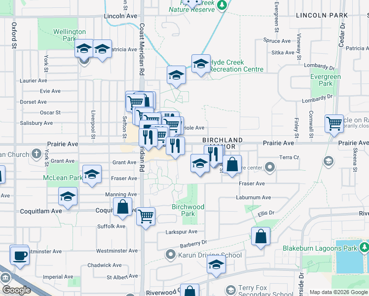 map of restaurants, bars, coffee shops, grocery stores, and more near 1370 Prairie Avenue in Port Coquitlam