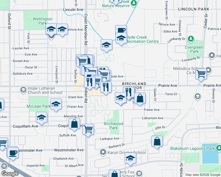 map of restaurants, bars, coffee shops, grocery stores, and more near 1376 Prairie Avenue in Port Coquitlam