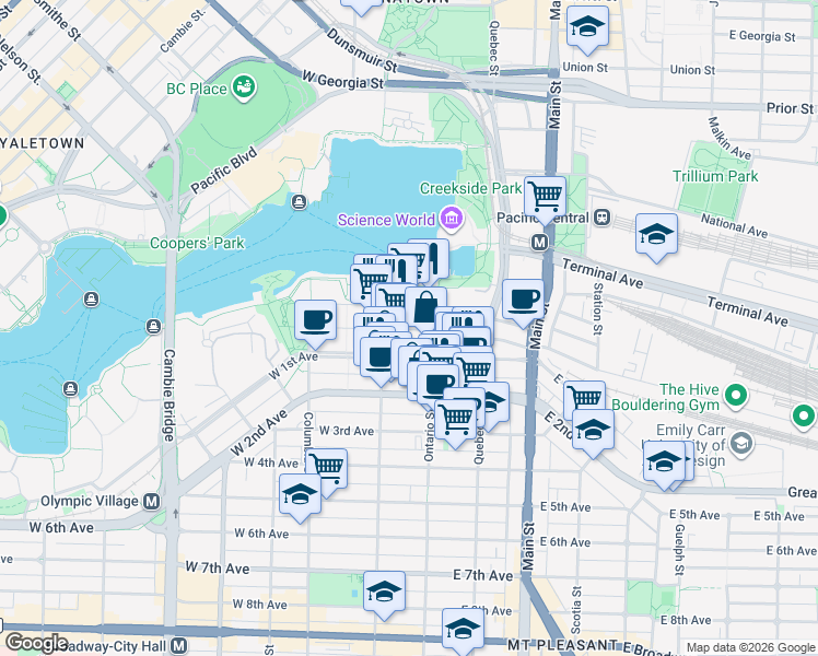 map of restaurants, bars, coffee shops, grocery stores, and more near 31 Walter Hardwick Avenue in Vancouver