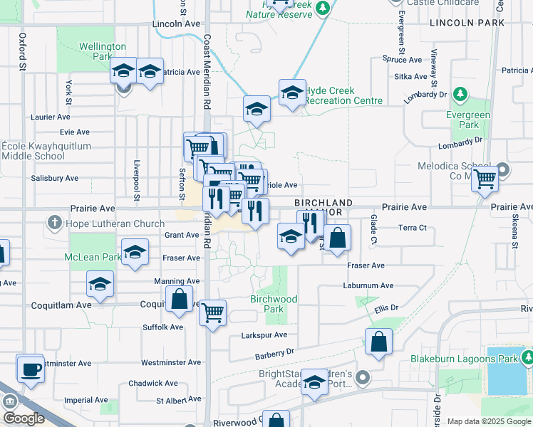 map of restaurants, bars, coffee shops, grocery stores, and more near 1376 Prairie Avenue in Port Coquitlam