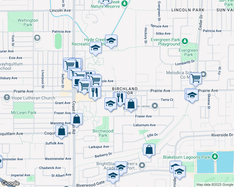 map of restaurants, bars, coffee shops, grocery stores, and more near 1292 Prairie Avenue in Port Coquitlam