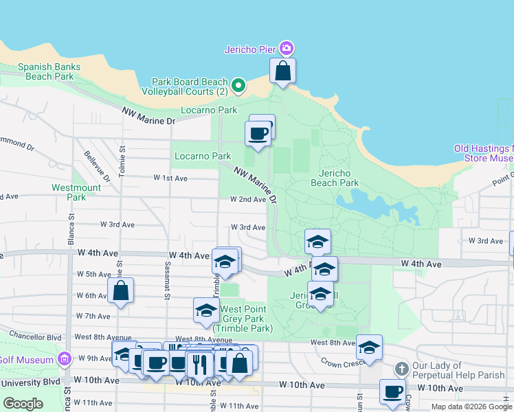 map of restaurants, bars, coffee shops, grocery stores, and more near 4316 West 2nd Avenue in Vancouver