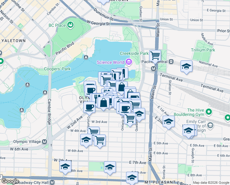 map of restaurants, bars, coffee shops, grocery stores, and more near 77 Walter Hardwick Avenue in Vancouver